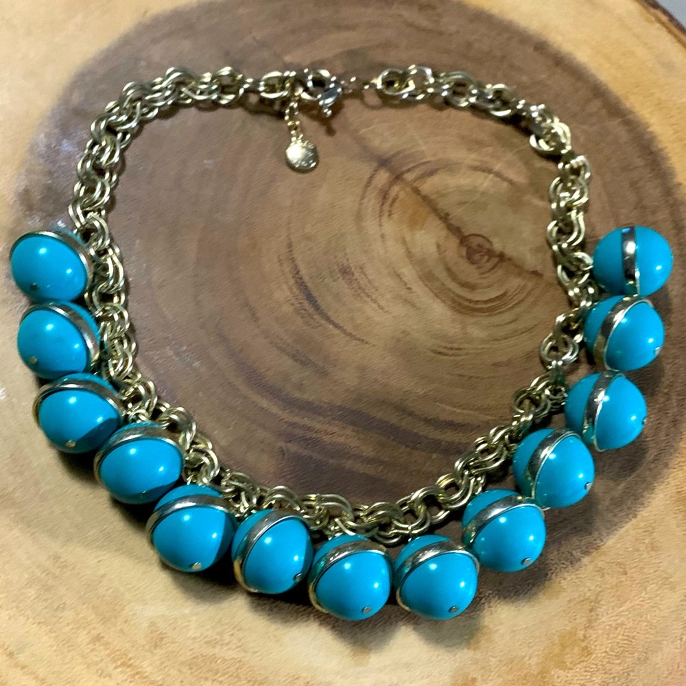 J. Crew Pale Gold Chain Link Statement Necklace Blue Bubble Bauble Necklace
